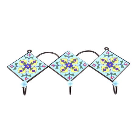 Turquoise Navy Blue Tiny Flower Ceramic Tiles Hooks